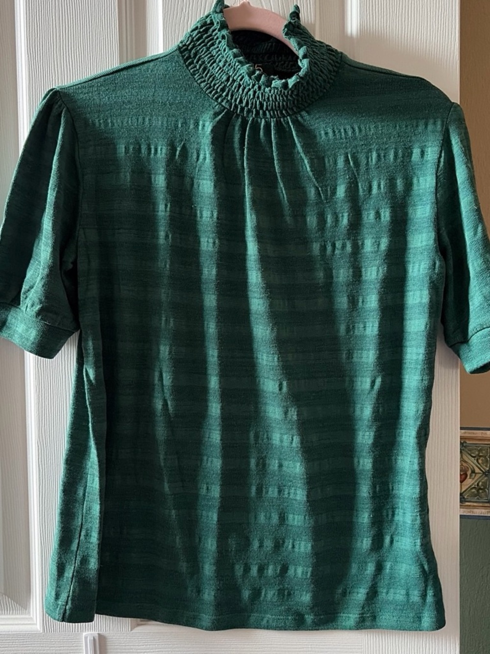 W5 Emerald Green Short-Sleeve Smocked Mock Neck Top